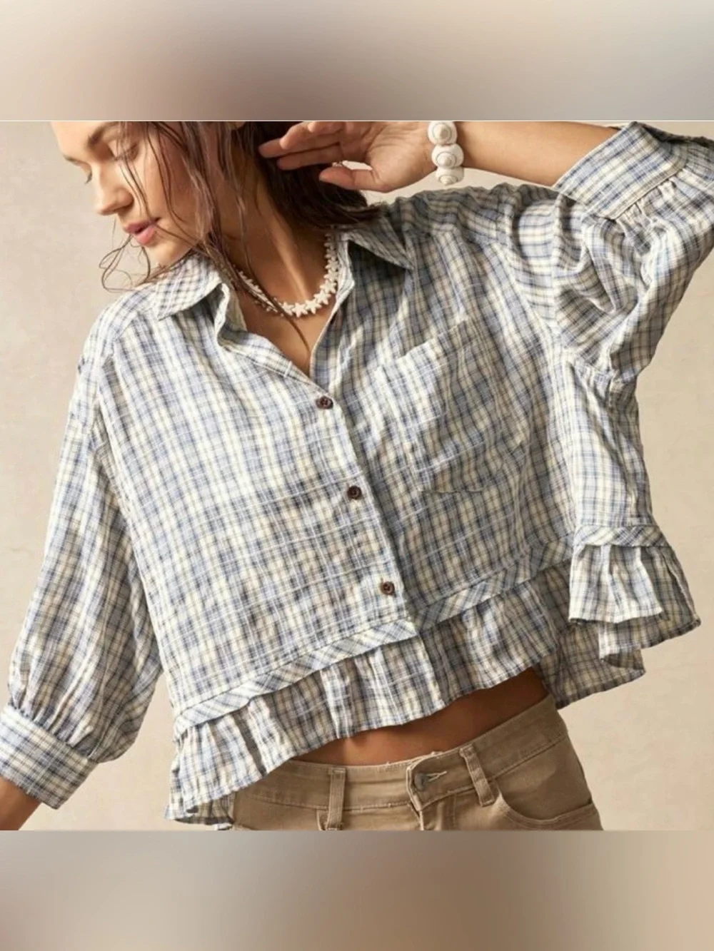 NWOT Women's Blue Plaid Ruffle Hem Button-Down Shirt / boxy cropped - Picture 4 of 9